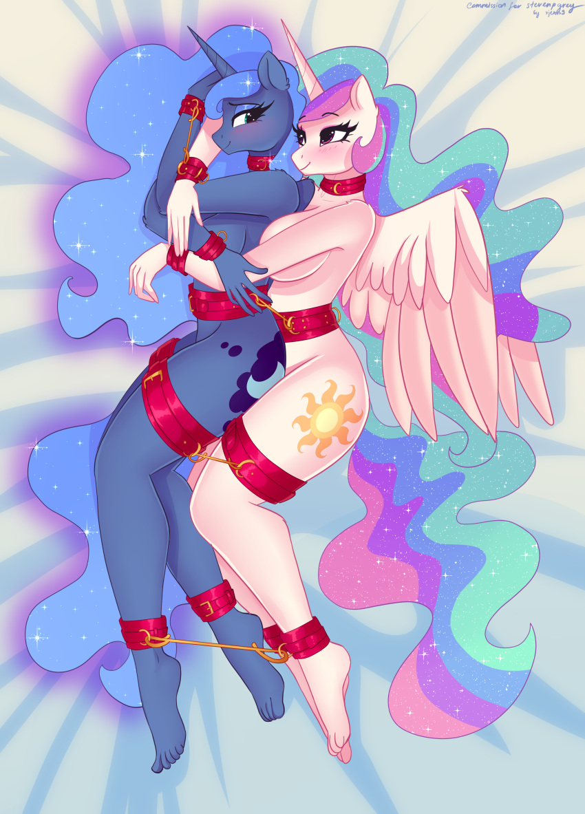 absurd_res alicorn ankle_cuffs anthro anthrofied barefoot blue_body bondage bound bound_together breasts cuffs duo equid equine female female/female femsub friendship_is_magic hair hi_res horn incest mammal multicolored_hair multiple_girls multiple_subs my_little_pony nude princess_celestia_(mlp) princess_luna_(mlp) thigh_cuffs waist_cuff white_body wings wrist_cuffs xjenn9 yuri