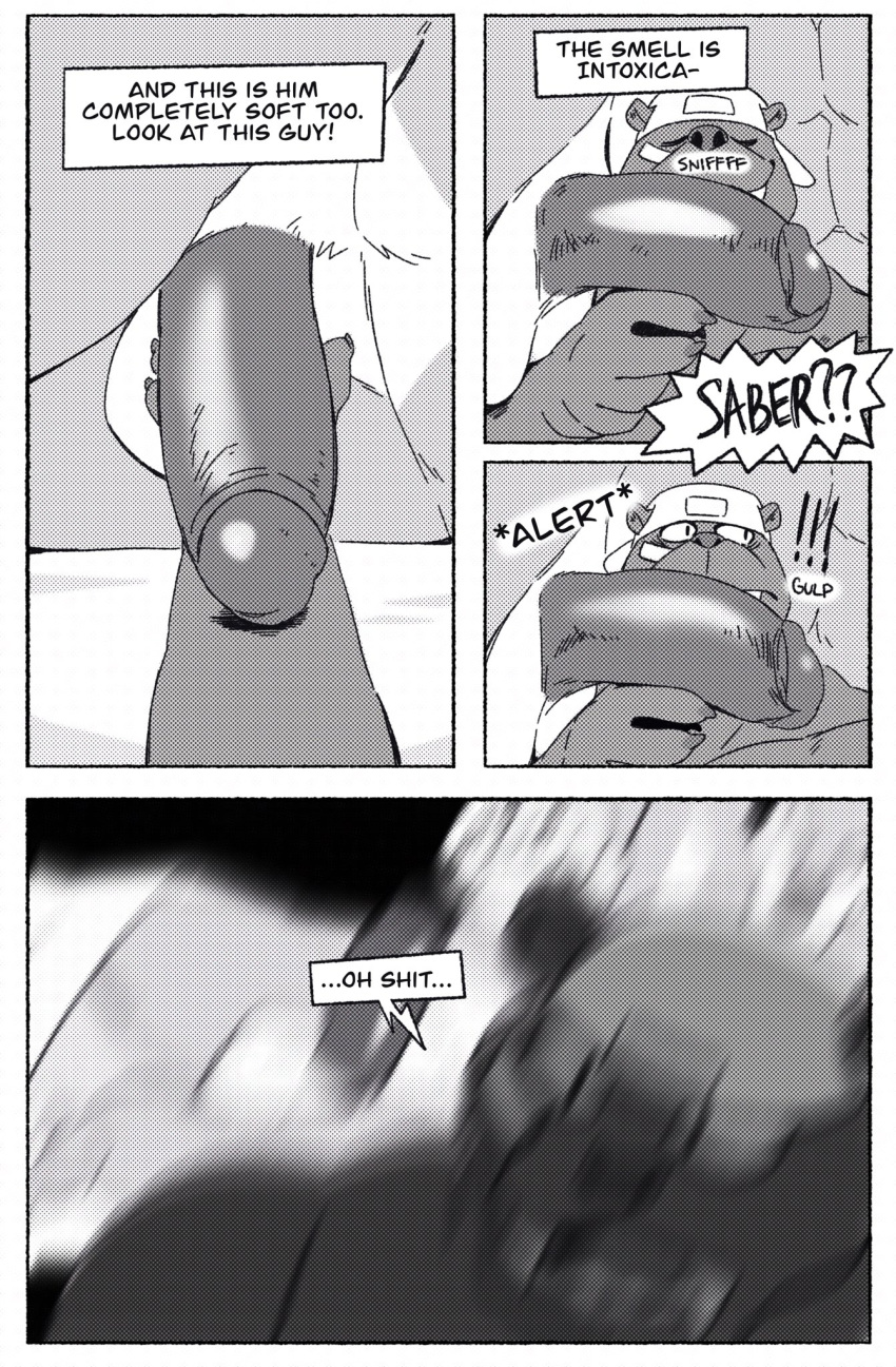 2022 anthro assisted_exposure balls big_penis black_and_white camera_view caught clothing comic dialogue digital_media_(artwork) duo english_text felid feline flaccid flashing genitals hand_on_penis hat headgear headwear hi_res humanoid_genitalia humanoid_penis machairodontine male male/male mammal molesting monochrome muscular nude penis recording saber_(taoren) sex sleep_sex sleeping sniffing speech_bubble taoren text