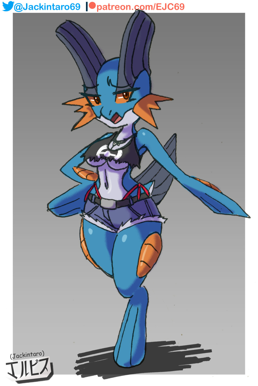 2022 blue_body blue_skin breasts cleavage clothed clothing digital_media_(artwork) fanart female female_focus female_only furry jackintaro looking_at_viewer nintendo orange_eyes pokémon_(species) pokemon shorts simple_background swampert underboob