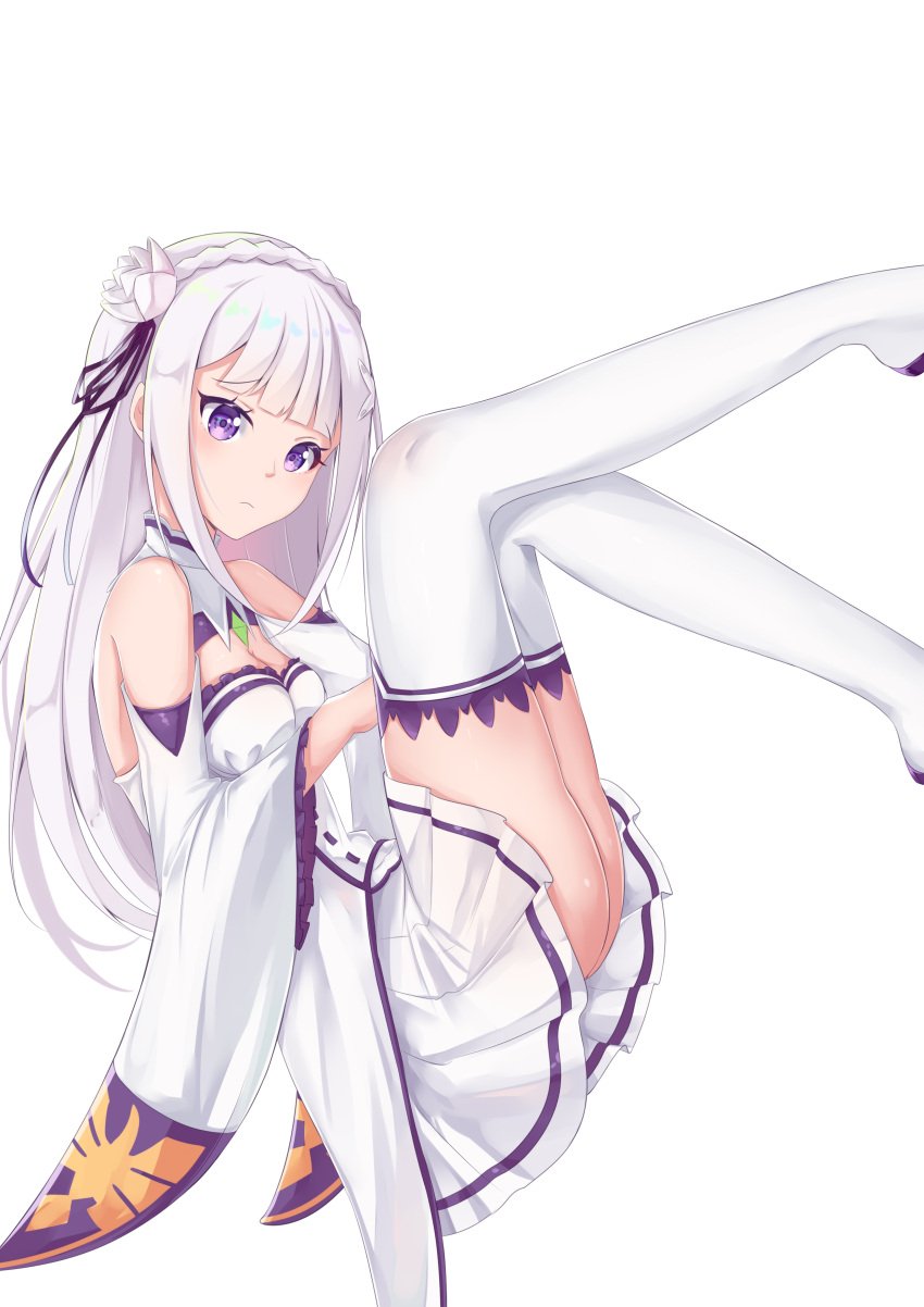 1girls absurdres ass bangs bare_shoulders blunt_bangs braid breasts catnnn cleavage detached_sleeves dress elf elf_female emilia_(re:zero) eyebrows_visible_through_hair feet_out_of_frame flower french_braid from_side hair_flower hair_ornament hair_ribbon highres long_hair looking_at_viewer medium_breasts miniskirt pleated_skirt pointy_ears purple_eyes purple_ribbon re:zero_kara_hajimeru_isekai_seikatsu ribbon rose silver_hair skirt solo solo_female teenage_girl teenager thighhighs white_background white_dress white_flower white_legwear white_rose x_hair_ornament