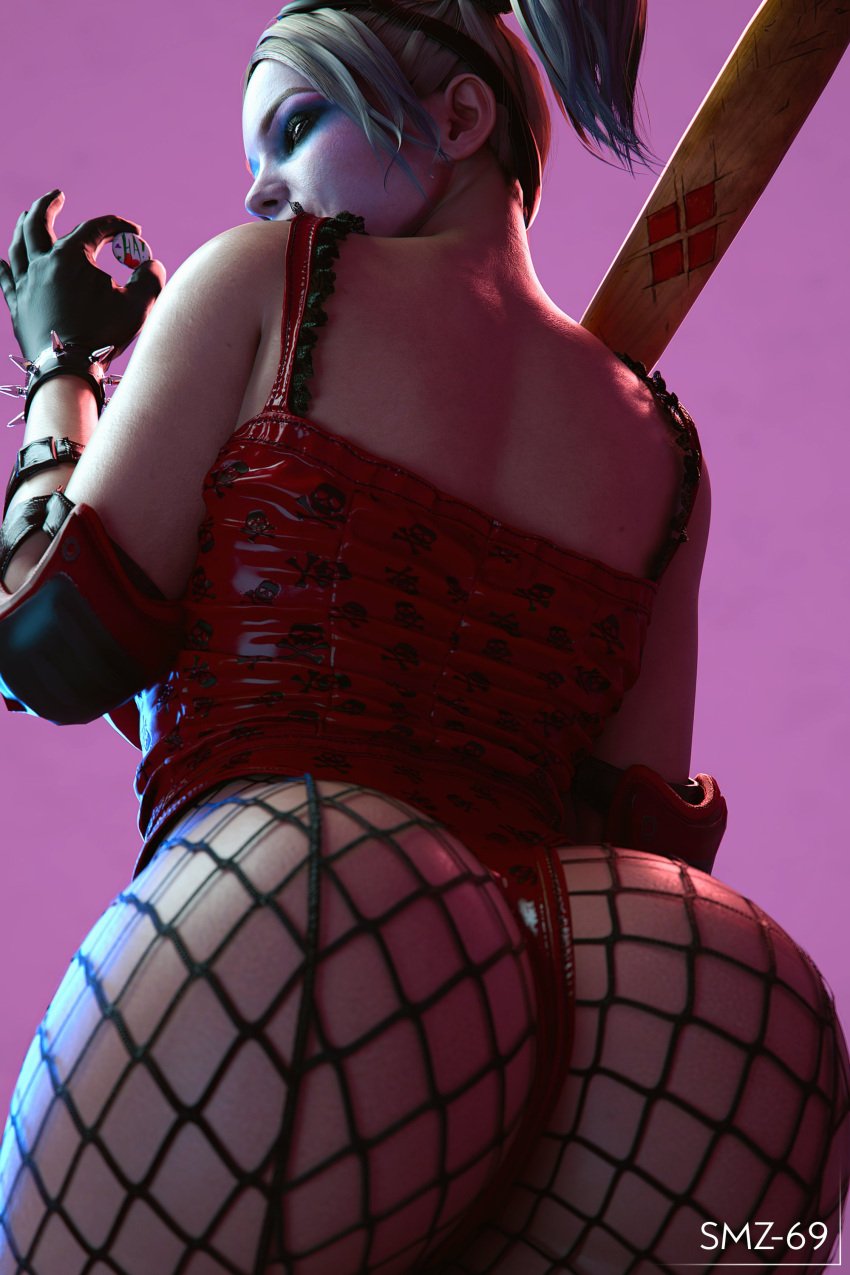 1girls 3d ass batman_(series) big_ass dc dc_comics female female_only fishnets harley_quinn harley_quinn_(injustice) injustice_2 looking_back pin_button smz-69