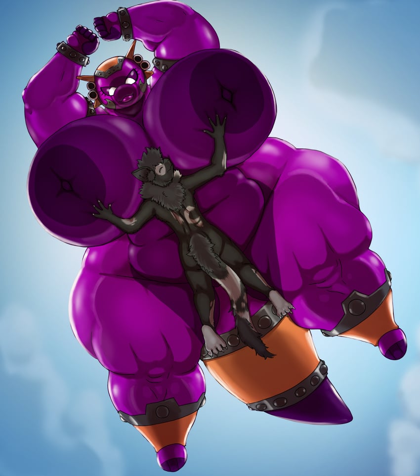 airborne aircraft anthro big_airship_of_doom big_breasts black_body black_fur bloons_td_6 bloons_tower_defense breasts female foba_the_large_(vdisco) fur giantess huge_breasts larger_female living_aircraft living_machine living_vehicle machine male purple_body size_difference size_play smothering thick_thighs vdisco vehicle