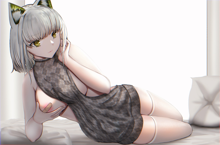 absurdres animal_ear_fluff animal_ears areola_slip areolae arknights bandaid bandaids_on_nipples breast_grab breasts cat_ears female female grabbing grabbing_own_breast green_eyes grey_hair grey_sweater highres kal'tsit_(arknights) looking_at_viewer lying medium_breasts meme_attire monstarno on_side pasties short_hair simple_background sleeveless sleeveless_sweater solo sweater thighhighs virgin_killer_sweater white_background white_legwear