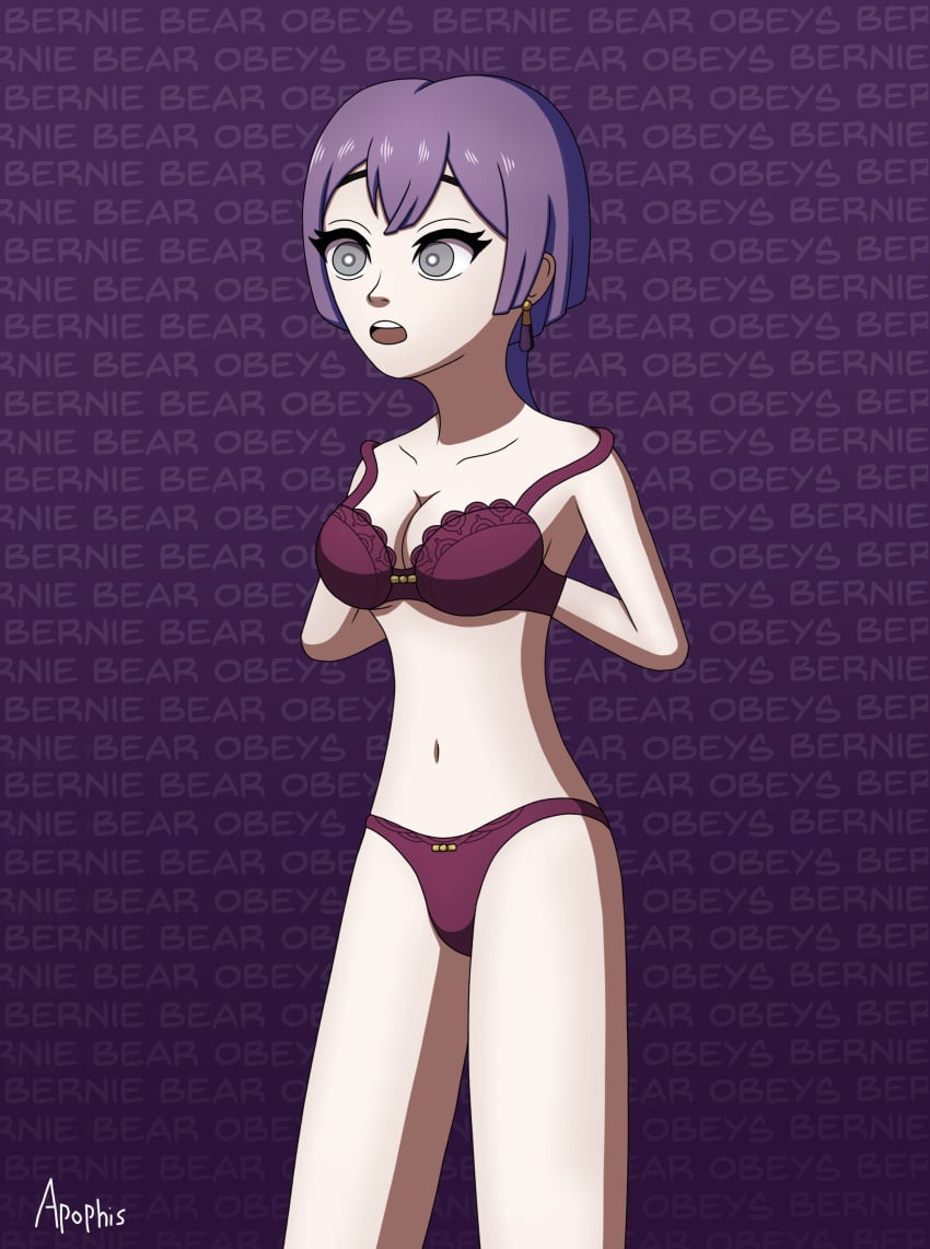 1girls bernadetta_von_varley breasts cleavage english_text female female_only femsub fire_emblem fire_emblem:_three_houses hypno_pophis mind_control nintendo open_mouth panties post-timeskip purple_panties solo text undressing violet_panties white_skin