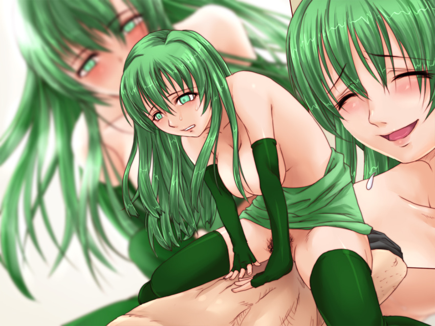 1boy 1boy1girl 1girls convenient_censoring cowgirl_position fingerless_gloves fire_emblem fire_emblem:_mystery_of_the_emblem fire_emblem:_shadow_dragon_and_the_blade_of_light functionally_nude_female green_eyes green_hair happy happy_sex hechikanism hetero light-skinned_female long_gloves palla_(fire_emblem) pubic_hair straight straight_hair thighhighs woman_on_top