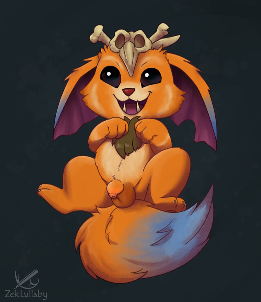 anthro balls bone digital_media_(artwork) flaccid fur genitals gnar hair hi_res humanoid_genitalia league_of_legends male mammal open_mouth penis riot_games simple_background skull small_penis smile solo solo_male yordle young zzeklullaby