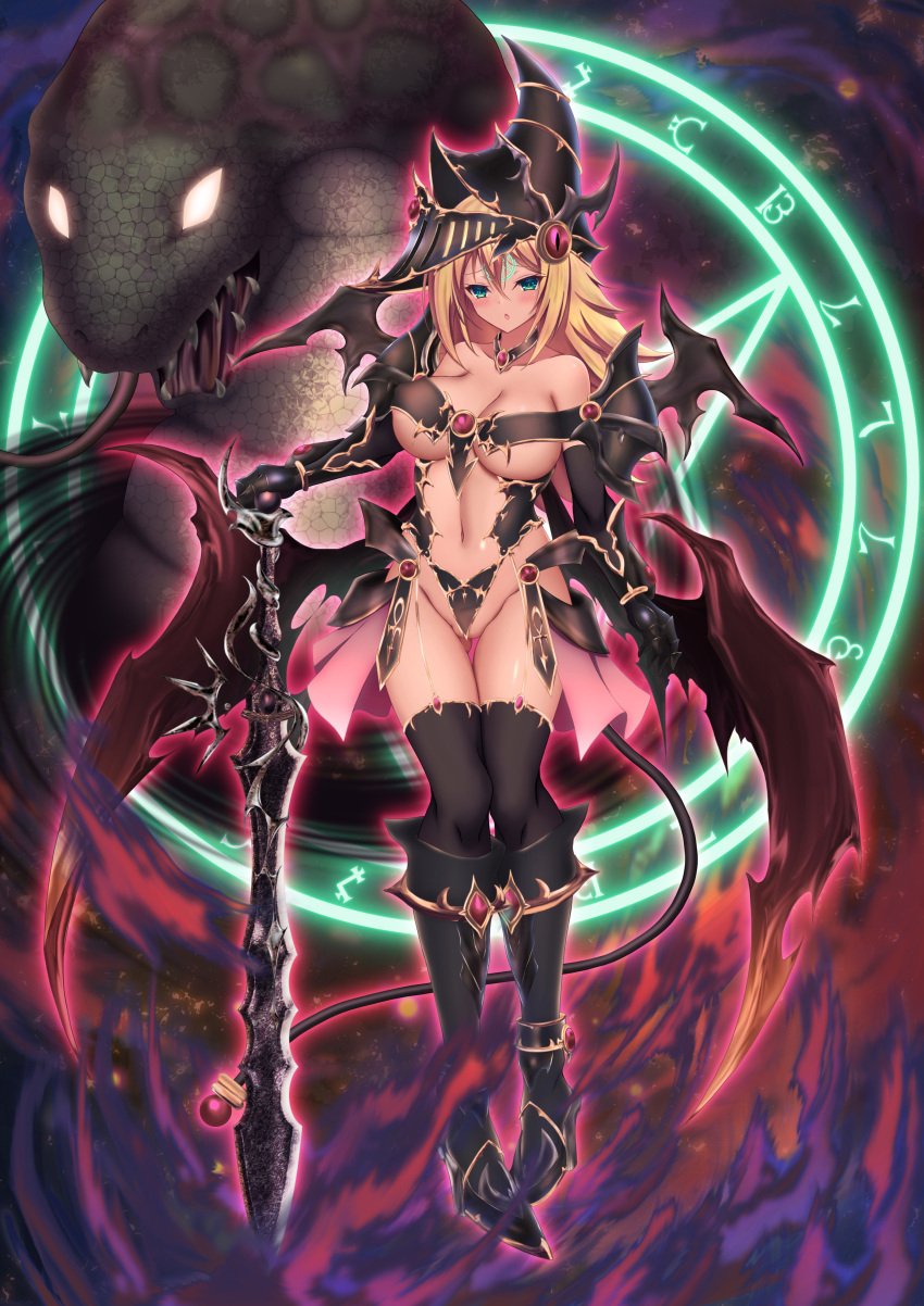 2022 akina_t bikini bikini_armor blush corruption dark_magician_girl dark_magician_girl_the_dragon_knight divine_serpent_geh female glowing_eyes green_eyes konami mind_control seal_of_orichalcos snake sword yu-gi-oh!