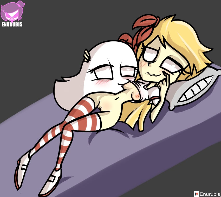 2girls abigail_carter blonde_hair blush breasts clothing don't_starve don't_starve_together exposed_breasts exposed_pussy female ghost hair half-closed_eyes highres klei_entertainment legwear long_hair lying lying_on_bed mob_face multiple_girls no_pupils norehana_art pussy simple_background striped_legwear sucking_nipples wavy_mouth wendy_carter