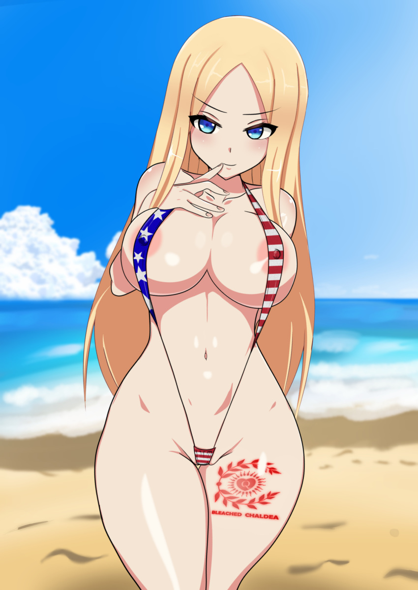 1girls abigail_williams_(fate/grand_order) aged_up american_flag american_flag_bikini beach big_breasts bikini blonde_hair blue_eyes fate/grand_order fate_(series) female flag hand_on_chest hand_on_own_chest light-skinned_female light_skin long_hair navel punishedplume queen_of_hearts seductive sling_bikini solo tattoo