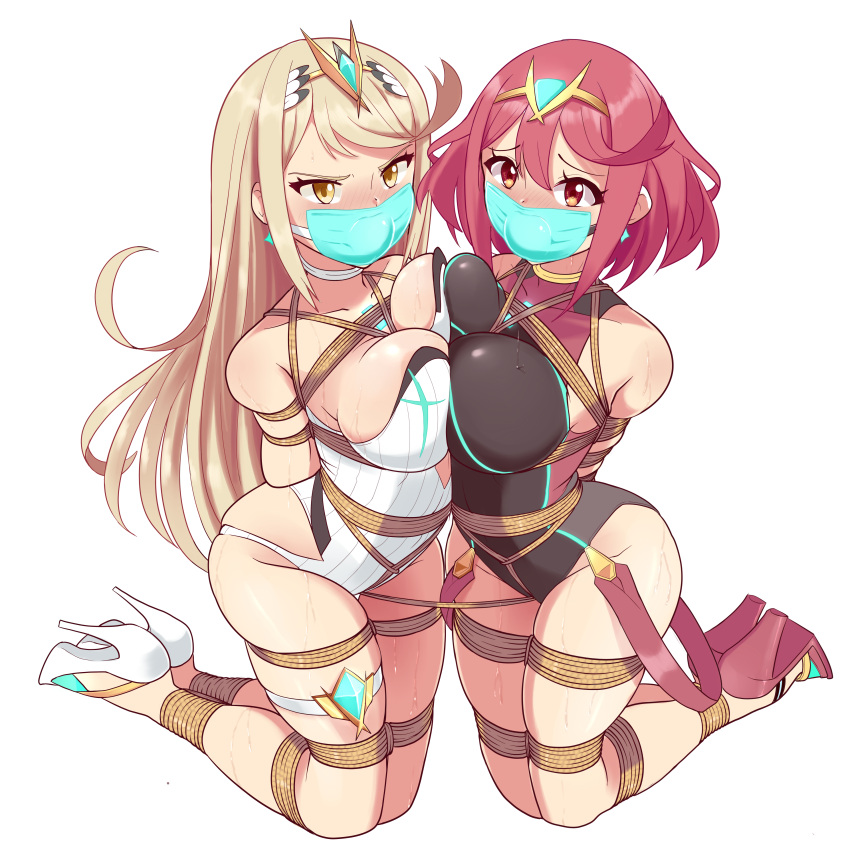 2girls arms_behind_back bagelbomb ball_gag blonde_hair blush bondage bound bound_together breasts breasts_to_breasts female femsub gag gagged heels hi_res kneeling long_hair looking_at_viewer multiple_girls multiple_subs mythra nintendo one-piece_swimsuit pyra red_eyes red_hair restrained rope rope_bondage short_hair sweat swimsuit tape tape_gag taped_mouth tiara tied tied_up xenoblade_(series) xenoblade_chronicles_2 yellow_eyes