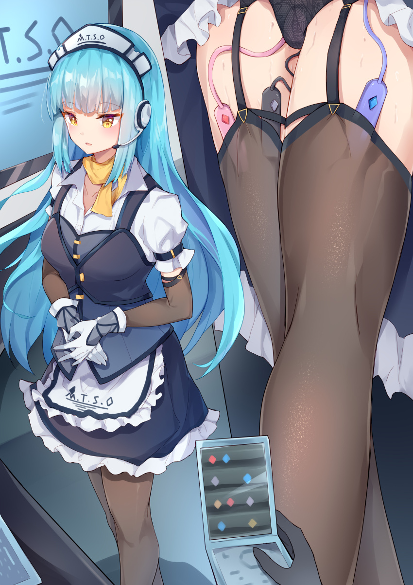 absurdres apron bangs black_legwear black_panties black_skirt black_vest blue_hair blush breasts buttons cellphone chinese_commentary collarbone collared_shirt commentary_request controller earpiece egg_vibrator eiyuu_densetsu elbow_gloves eyebrows_visible_through_hair female flip_phone frilled_apron frills from_behind garter_straps gloves hairband highres holding holding_phone indoors kaga_mi kuro_no_kiseki layered_gloves legs long_hair miniskirt mixed-language_commentary multiple_views open_mouth own_hands_together panties partial_commentary phone pov puffy_short_sleeves puffy_sleeves remote_control remote_control_vibrator risette_twinings scarf see-through sex_toy shiny shiny_hair shirt short_sleeves sidelocks skirt small_breasts standing sweat textless thighhighs underwear vest vibrator vibrator_in_thighhighs vibrator_under_clothes vibrator_under_panties waist_apron white_apron white_gloves white_hairband white_shirt yellow_eyes yellow_scarf