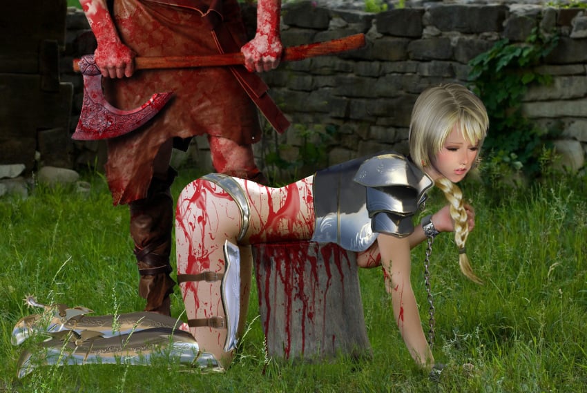 1boy 1boy1girl 1girls armor armored_panties axe bare_midriff bent_over bent_over_stump blonde_hair blood blood_stain braid breastplate chopping_block defeated execution executioner female fire2water hand_on_ground imminent_death imminent_decapitation knight long_hair male original original_character panties princess_knight resigned shoulder_pads