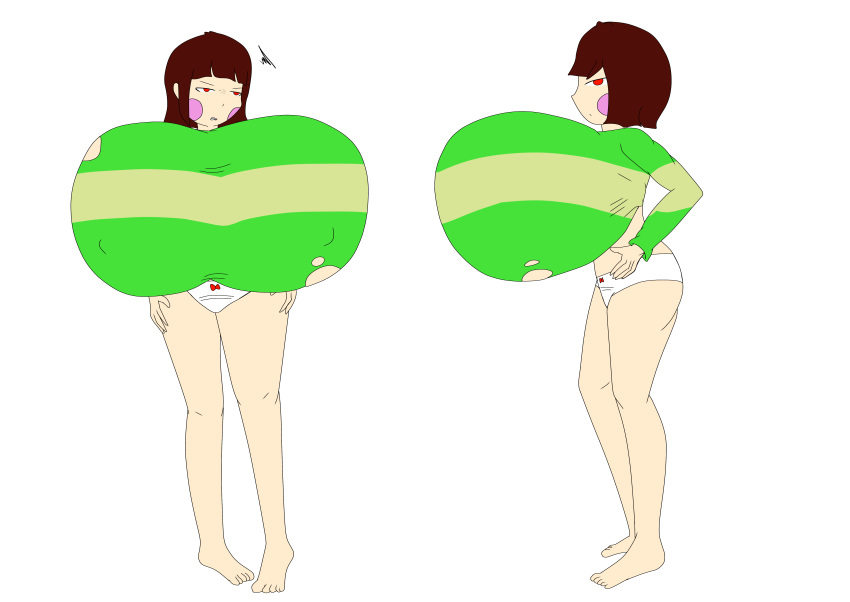 1girls 2d breast_expansion brown_hair chara female female_only huge_breasts human human_female human_only massive_breasts red_eyes solo thebestultrahiper undertale undertale_(series)