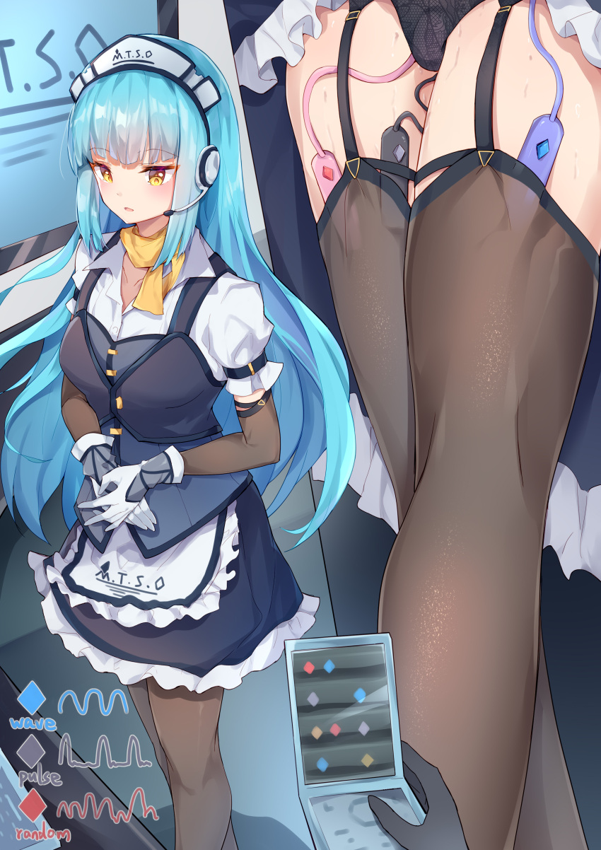 1girls absurd_res blouse blue_hair collared_blouse collared_shirt color corset dress_shirt female female_only formal garter_belt garter_straps gloves hi_res kaga_mi maid maid_uniform puffy_short_sleeves puffy_sleeves scarf sex_toy shirt skirt stockings sweat sweating very_long_hair vibrator vibrator_in_pussy vibrator_in_thighhighs vibrator_under_clothes vibrator_under_panties wing_collar yellow_eyes