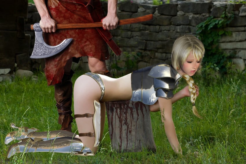 1boy 1boy1girl 1girls armor armored_panties axe bare_midriff bent_over bent_over_stump blonde_hair blood blood_stain braid breastplate chopping_block defeated execution executioner female fire2water hand_on_ground imminent_death imminent_decapitation knight long_hair male original original_character panties princess_knight resigned shoulder_pads