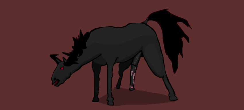 animal_genitalia animal_penis black_body black_hair demon digitigrade equid equine_penis feral forbidden_(fiend) genitals glowing glowing_eyes hair hooves horn hybrid long_penis male mammal open_mouth penis raised_tail red_eyes simple_background solo standing the_fiend