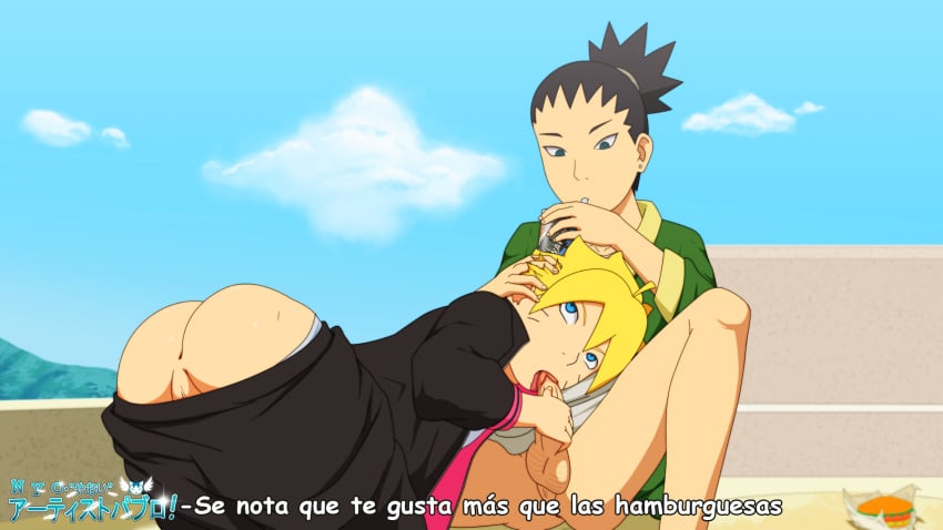 2boys anus ass ass_up bent_over black_hair blonde_hair blowjob blue_eyes boruto:_naruto_next_generations bottomless clothed_sex clothing drink drinking fellatio food gay green_eyes hamburger hand_on_head hand_on_penis jacket licking licking_penis long_hair male male/male male_only mooning nara_shikadai naruto naruto_(series) onoro_nyo open_mouth oral outside pants pants_down penis penis_grab ponytail shirt short_hair sitting spanish_text talking testicles text tied_hair tongue tongue_out uzumaki_boruto yaoi