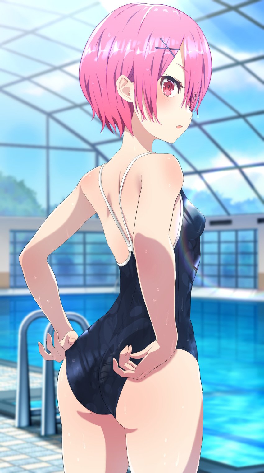 1girls absurdres adjusting_clothes adjusting_swimsuit ass back blush breasts camui1104 cloud day from_behind hair_ornament hair_over_one_eye hairclip highres looking_at_viewer looking_back na-suke na_suke1104 one-piece_swimsuit open_mouth pink_eyes pink_hair pool ram_(re:zero) re:zero_kara_hajimeru_isekai_seikatsu school_swimsuit short_hair sky small_breasts solo solo_female standing swimsuit teenage_girl teenager wet window