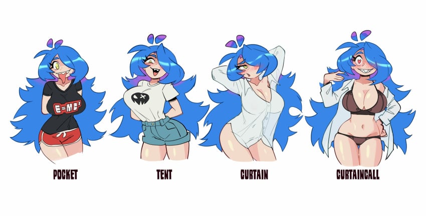 1girls alternate_costume big_breasts blue_hair curtain_call_challenge female gerph hair_over_one_eye highres long_hair multiple_outfits multiple_poses sharp_teeth skarp_world skarpne_(skarp_world) solo tagme underwear