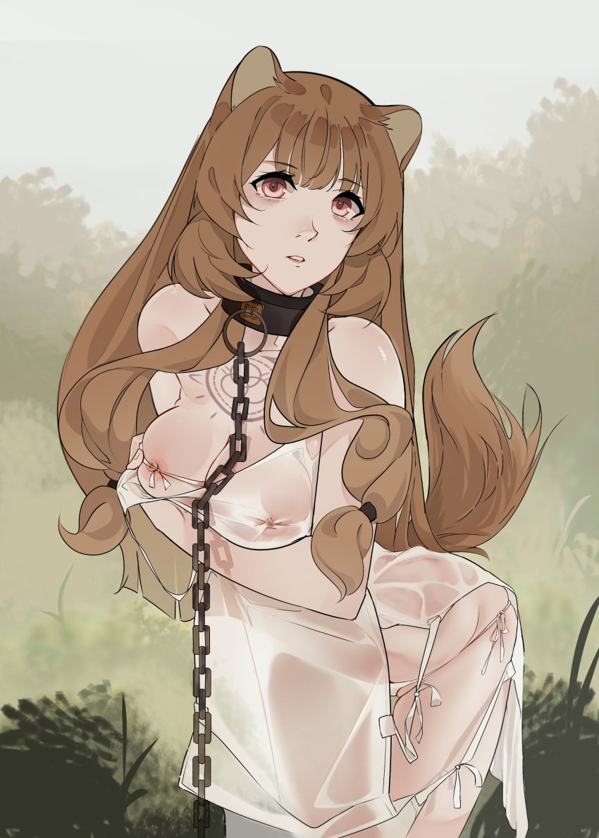 1girls 2022 arm_under_breasts breasts brown_hair chains collar demihuman female hair_tubes holding_breasts large_breasts leash long_hair looking_at_viewer nipples raphtalia red_eyes rizuto see-through slave slave_collar slave_crest slave_tattoo tanuki tanuki_girl tanuki_humanoid tate_no_yuusha_no_nariagari topless wet_clothes