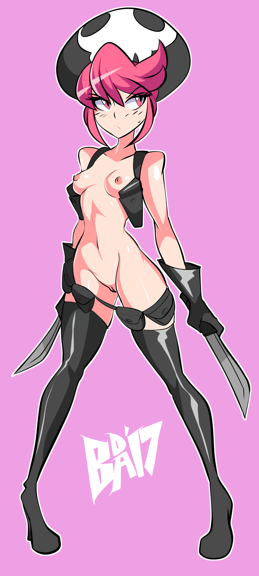 1girls bigdead93 bigdeadalive blushing breasts female female_only functionally_nude hat hi_res highres jakuzure_nonon kill_la_kill knives nipples nude nudist_beach_uniform pink_hair pussy small_breasts solo tagme thighhighs