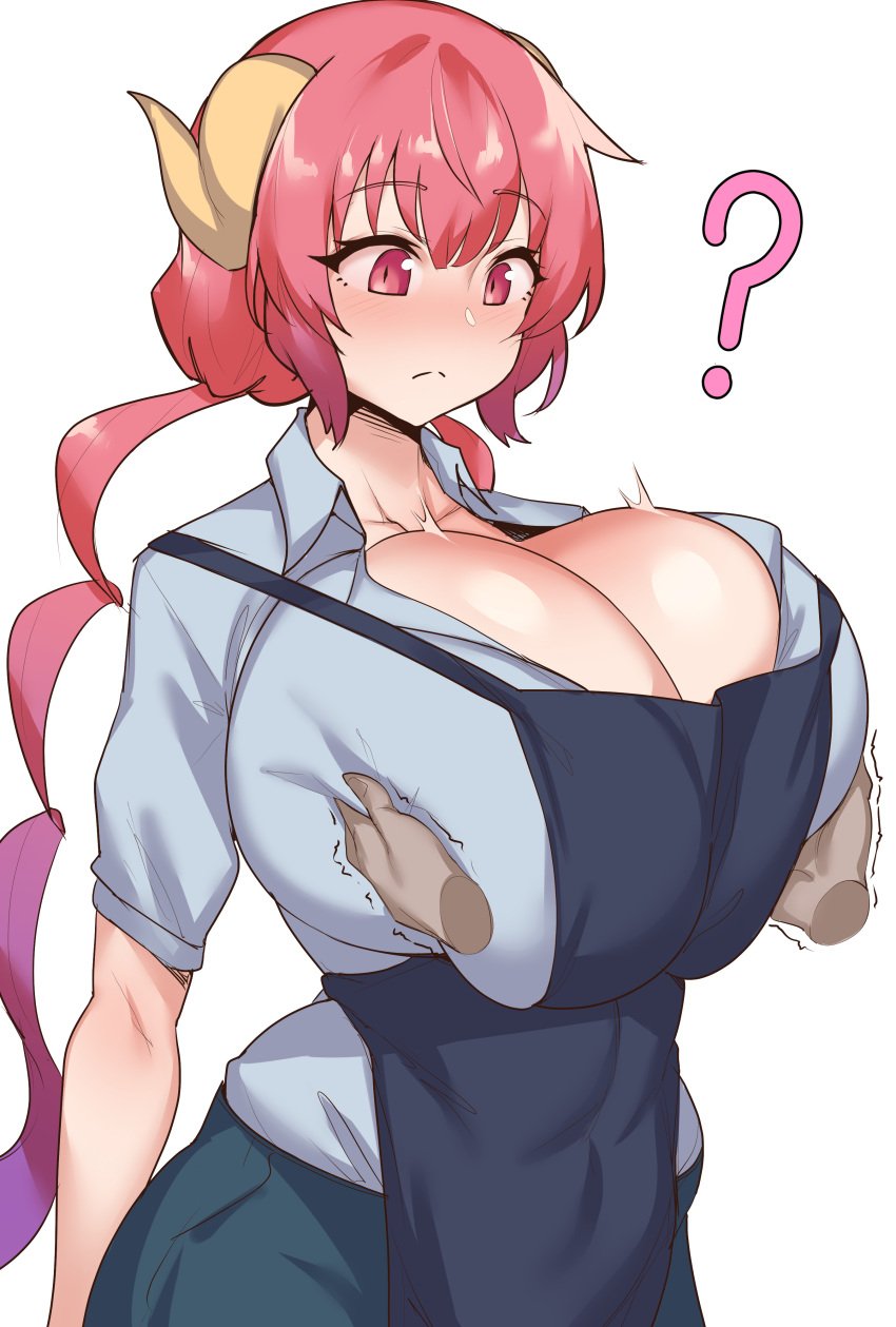 1girls ? apron big_breasts blush breast_grab breasts cleavage curvaceous curvy disembodied_hand female fully_clothed horns huge_breasts ilulu_(dragon_maid) large_breasts massive_breasts miss_kobayashi's_dragon_maid monster_girl natedecock red_eyes red_hair standing top_heavy upper_body white_background wide_hips