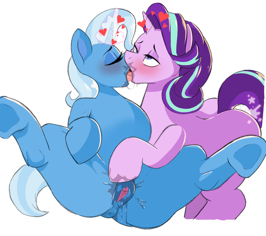 absurd_res equid equine female female/female feral feral_on_feral french_kissing friendship_is_magic genitals hasbro hi_res horn kissing mammal my_little_pony pussy slimewiz starlight_glimmer trixie_(mlp) unicorn white_background