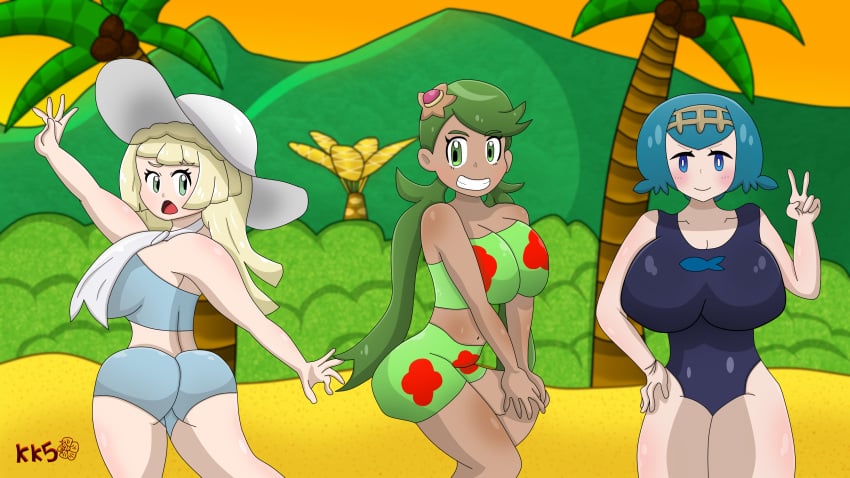 3girls alolanfirestone bikini blonde_hair blue_eyes blue_hair coconut cyan_eyes female female_only flower_bikini green_eyes green_hair grin happy_birthday headwear huge_breasts lana_(pokemon) large_ass large_breasts lillie_(pokemon) mallow_(pokemon) mob_face multiple_girls nintendo one-piece_swimsuit palm_tree peace_sign pokemon pokemon_sm staryu sun_hat sunset swimsuit swimwear yellow_hair