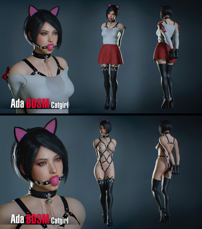 1girls 3d ada_wong ada_wong_(adriana) arms_behind_back ball_gag bdsm bell bell_collar black_hair bondage bondage_gear bondage_gloves bondage_harness bondage_outfit bound bound_wrists breasts brown_eyes capcom cat_ears clothed_female collar drool drool_on_chest drooling drslumpx female female_only femsub gag gagged harness high_heel_boots high_heels latex latex_stockings latex_thighhighs leather leather_boots leather_harness leather_thighhighs looking_away navel nipple_clamp nipples pink_ball_gag pussy resident_evil resident_evil_2 resident_evil_2_remake solo submissive_female