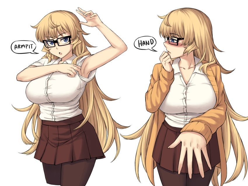 1girls 2021 4:3 absurd_res arm_up armpit_fetish armpits bare_arms bespectacled blonde_hair blue_eyes blush breasts clothed clothing embarrassed english_text eyebrows_visible_through_hair female female_only flustered furi2play! glasses highres holding_hands_is_lewd jacket large_breasts long_hair looking_at_viewer looking_away margit_hartmann mole mole_under_eye multiple_views open_clothes open_jacket open_mouth pantyhose peach_(momozen) pleated_skirt shirt simple_background skirt solo speech_bubble standing text thick_thighs thighs tongue very_long_hair white_background