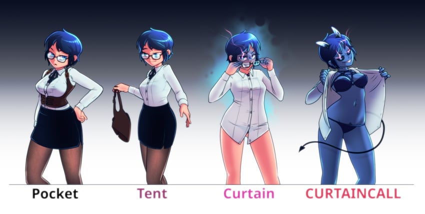 bra cleavage curtain_call_challenge demon_girl horns lingerie megane nurutako open_shirt original original_character pantsu semi-rimless_eyewear steph_(nurutako) succubus transformation underbust undressing