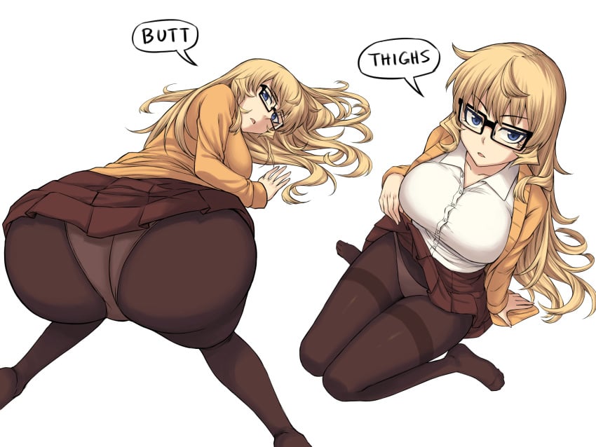 1girls 2021 4:3 absurd_res ass ass_focus bent_over bespectacled big_ass blonde_hair blue_eyes breasts clothed clothing english_text eyebrows_visible_through_hair female female_only furi2play! glasses highres jacket kneeling large_breasts lifted_by_self long_hair looking_at_viewer margit_hartmann mole mole_under_eye multiple_views open_clothes open_jacket open_mouth panties panties_under_pantyhose pantyhose peach_(momozen) pleated_skirt presenting_hindquarters shirt simple_background sitting skirt skirt_lift solo speech_bubble text thick_thighs thighband_pantyhose thighs tongue top-down_bottom-up very_long_hair wariza white_background