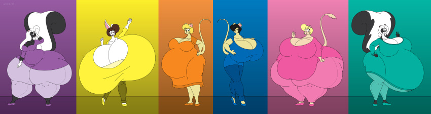 2013 6girls absurd_res anthro ass ass_bigger_than_breasts ass_vs_breasts bedroom_eyes belly big_belly big_breasts big_butt black_body black_fur black_hair blonde_hair blue_eyes bonnie_(satsumalord) bottom_heavy bottomwear breast_size_difference breasts breasts_bigger_than_ass brown_eyes brown_hair butt_size_difference chelsea_(satsumalord) clothing digital_media_(artwork) dress female footwear fur gerbil gina_(satsumalord) group hair hand_on_breast hand_on_hip hi_res huge_breasts huge_butt huge_thighs hyper hyper_belly hyper_breasts hyper_butt hyper_thighs lagomorph leporid mammal mephitid mouse multicolored_body multicolored_fur murid murine narrowed_eyes obese overweight pants pregnant pregnant_female rabbit rodent sandy_(satsumalord) satsumalord seductive shirt shoes skunk stacy_(satsumalord) tanya_(satsumalord) thick_thighs top_heavy topwear two_tone_body two_tone_fur waving_at_viewer white_body white_fur white_hair wide_hips