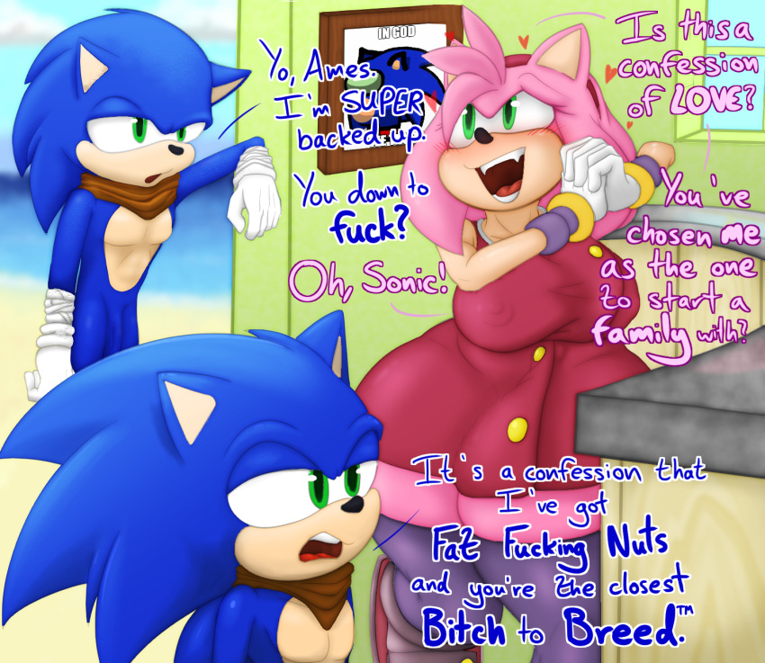 1boy 1girls among_us amy_rose amy_rose_(boom) annoyed anthro blue_fur blush clothed clothed_female clothing delusional dialogue english_text flaccid_penis gloves green_eyes hi_res long_penis meme nipples_visible_through_clothing penis pink_fur sega sharp_teeth sir_cums_a_lot sonic_(series) sonic_boom sonic_the_hedgehog sports_tape swear text thirsty trademark