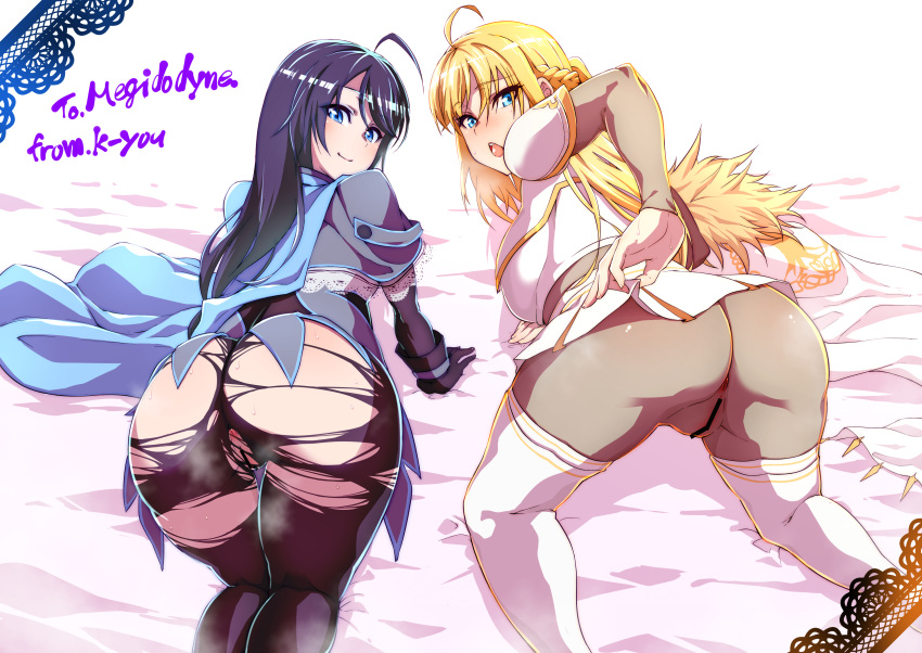 ahoge ass_focus big_ass big_butt black_hair black_legwear black_tights blonde_hair blue_eyes blush cape embarrassed exposed_ass exposed_pussy half-dressed k-you_(pixiv) lifting_skirt original_character original_characters ripped_clothing ripped_pantyhose sweat sweating white_legwear