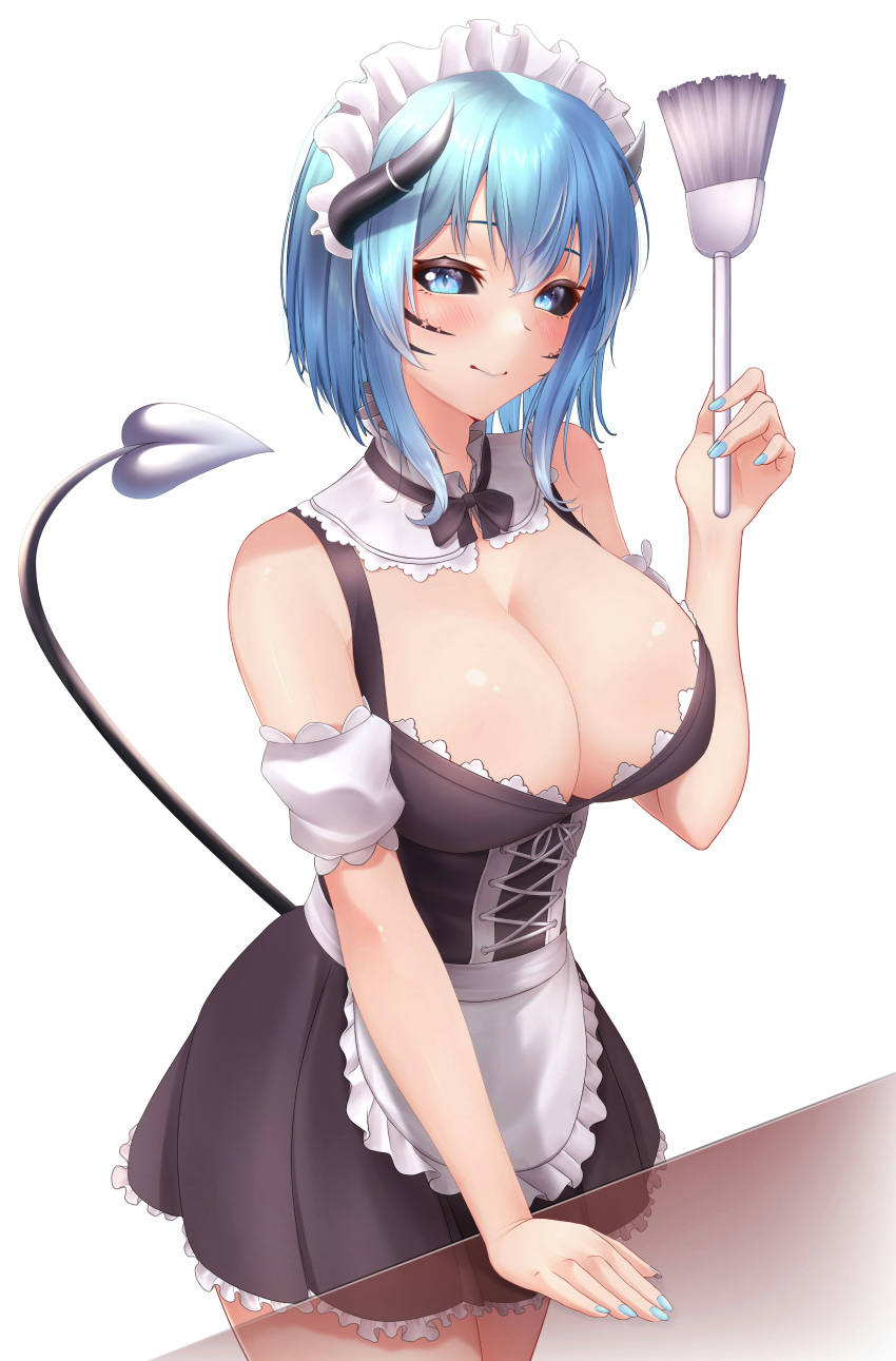 1girls big_breasts black_sclera blue_eyes blue_hair blush breasts censored clevage clothing fallenskyflames fxq1 maid maid_apron maid_headdress maid_uniform original standing succubus succubus_tail table tattoo virtual_youtuber