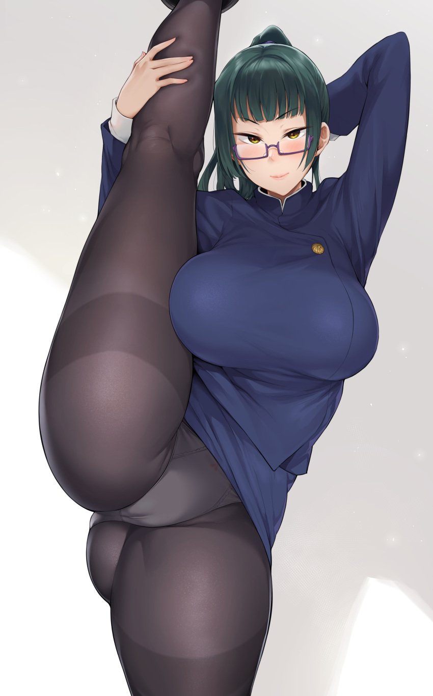 1girls 2022 alternate_breast_size ass blush breasts clothed clothed_female female female_only flexible glasses green_hair hi_res huge_breasts jujutsu_kaisen large_ass leg_up long_hair long_ponytail looking_at_viewer naughty_face panties pantyhose ponytail school_uniform smile splits standing_split thick_thighs thighs uniform vertical_splits very_high_resolution white_panties yomomirin zenin_maki