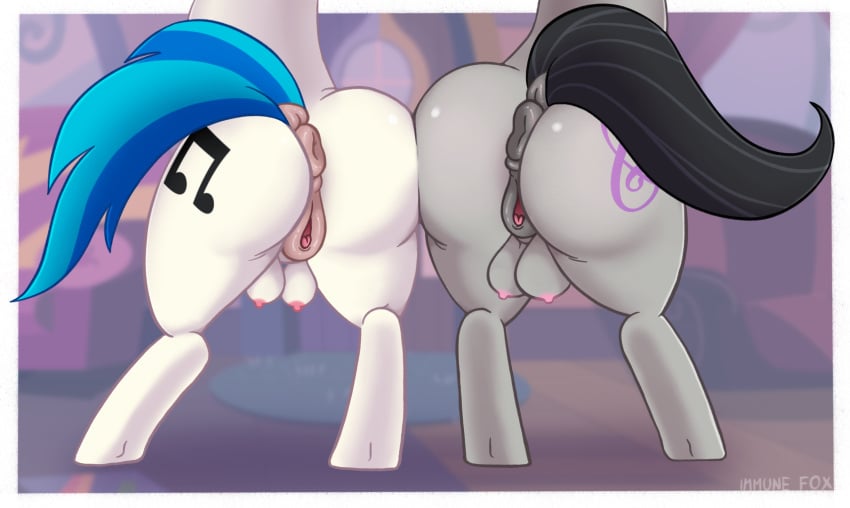 anatomically_correct anatomically_correct_genitalia anatomically_correct_pussy animal_genitalia animal_pussy anus ass big_butt black_tail blue_tail clitoral_winking clitoris crotchboobs cutie_mark dock duo equid equine equine_pussy female friendship_is_magic genitals grey_body hasbro hi_res immunefox mammal my_little_pony nipples octavia_(mlp) puffy_anus pussy raised_tail rear_view signature vinyl_scratch_(mlp) white_body