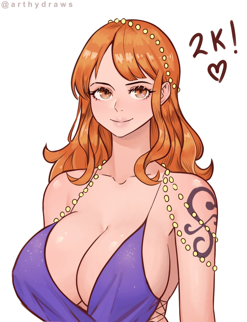 1girls arthydraws big_breasts breasts brown_eyes cleavage dress female female_focus female_only hair_jewelry huge_breasts jewelry light_skin long_hair nami one_piece orange_hair portrait purple_dress shoulder_tattoo sideboob smile solo tattoo twitter_username white_background