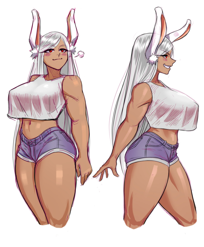 1girls big_breasts breasts bunny_ears female female_focus female_only jiuukek long_hair minishorts miruko my_hero_academia red_eyes rumi_usagiyama shiny_skin shorts solo standing thick_thighs white_background white_hair