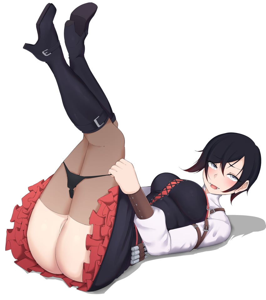 1girls ass big_ass black_hair blush boots female female_only heels legs_up neovixtadiz pussy red_hair removing_underwear ruby_rose rwby short_hair silver_eyes skirt smile taking_clothes_off taking_off_panties thighhighs two_tone_hair undressing vagina white_background