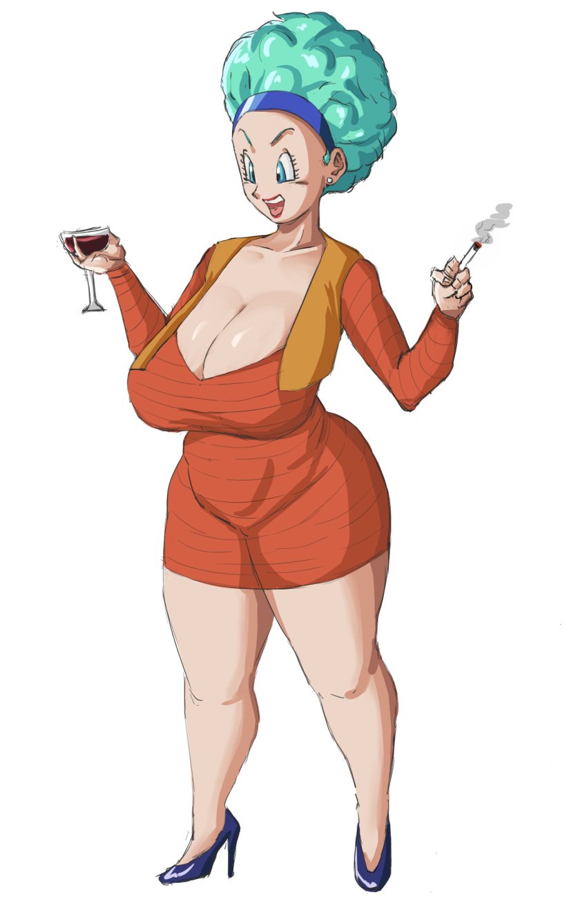 afro blue_eyes blue_hair bulma_(afro) bulma_briefs busty cigarette cleavage clothed clothed_female curvy dragon_ball dragon_ball_z dress drink ear_piercing hairband heels high_heels huge_breasts huge_cleavage lit_cigarette milf panarandom sagging_breasts venus_body vest voluptuous white_background wine_glass