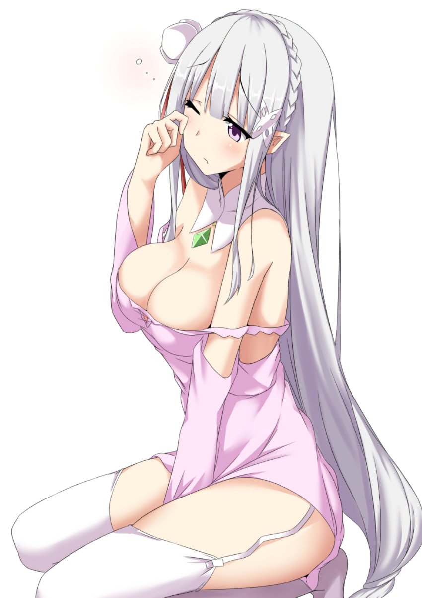 1girls bare_shoulders between_legs braid breasts cleavage collar crown_braid detached_sleeves dress elf elf_female emilia_(re:zero) eyebrows_visible_through_hair flower garters hair_between_eyes hair_ribbon hand_between_legs highres large_breasts long_hair minato_yoshihiro nightgown one_eye_closed pink_dress pink_nightgown pointy_ears purple_eyes re:zero_kara_hajimeru_isekai_seikatsu ribbon rubbing_eyes sidelocks silver_hair sitting sleepy solo solo_female teenage_girl teenager thighhighs very_long_hair wariza white_background white_flower white_legwear