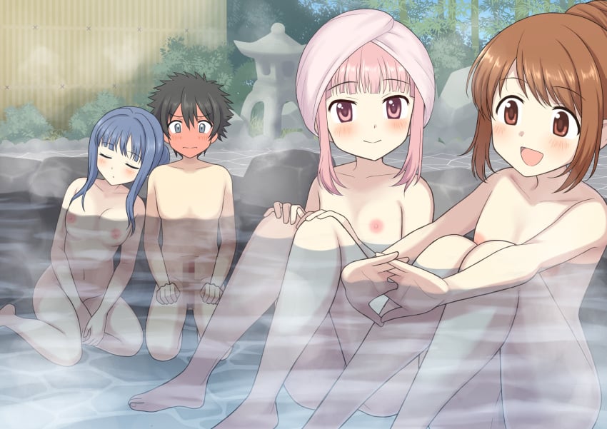 1boy 3girls bangs barefoot bathing black_hair blue_eyes blue_hair blunt_bangs blush breasts brown_eyes brown_hair bush censored closed_eyes closed_mouth collarbone commentary_request commission completely_nude crossover detailed_background embarrassed erection eyebrows_visible_through_hair fingers_together full-face_blush hair_between_eyes hair_bun hands_on_own_knees hands_on_own_thighs head_on_another's_shoulder highres kamijou_touma long_hair magia_record:_mahou_shoujo_madoka_magica_gaiden mahou_shoujo_madoka_magica medium_breasts mixed_bathing mosaic_censoring multiple_girls nanami_yachiyo navel nipples nude onsen open_mouth outstretched_arms partially_submerged penis perapera pink_eyes pink_hair shiny shiny_hair short_hair shy skeb_commission sleeping small_breasts spiked_hair steam tamaki_iroha teenage_boy teenage_girl teenager to_aru_majutsu_no_index towel towel_on_head water young yui_tsuruno