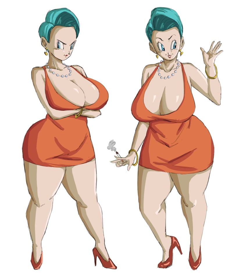 arms_under_breasts blue_hair bracelet bulma_briefs bulma_briefs_(gt_saga) busty cigarette cleavage crossed_arms curvy dragon_ball dragon_ball_gt dress earrings folded_arms huge_ass huge_breasts lit_cigarette milf panarandom pearl_necklace sagging_breasts upset venus_body voluptuous waving