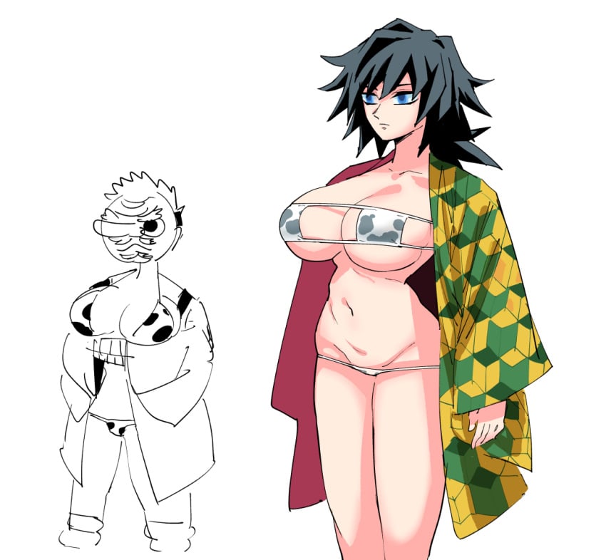 2girls alternate_costume big_breasts bikini black_hair blue_eyes cleavage cow_bikini cow_print demon_slayer eyepatch_bikini female female_only genderswap_(mtf) haori kimetsu_no_yaiba rule_63 rule_63 sakonji_urokodaki solo_focus swimsuit thin_waist tomioka_giyuu