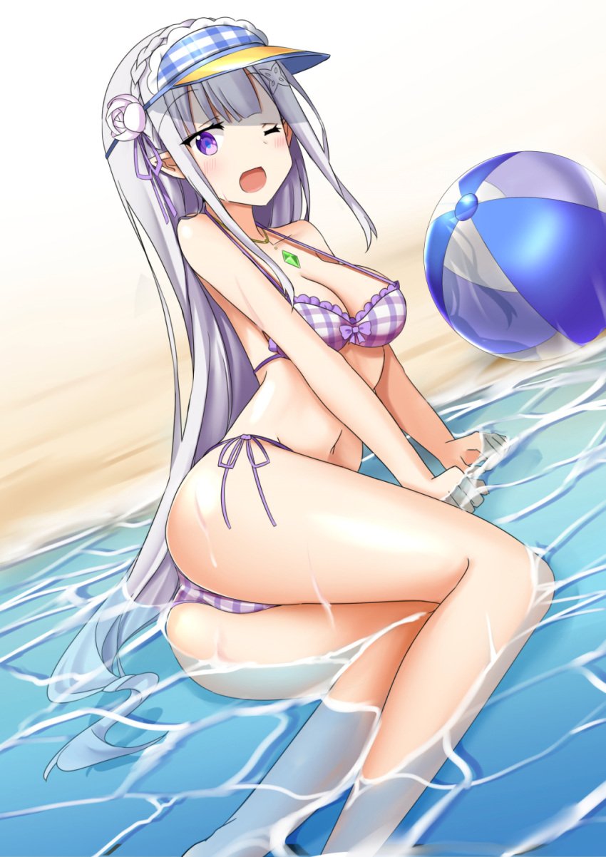 1girls ass beach beach_ball bikini breasts elf elf_female emilia_(re:zero) hair_flower hairclip happy_female hat highres long_hair lying_on_side medium_breasts minato_yoshihiro navel ocean pointy_ears purple_eyes re:zero_kara_hajimeru_isekai_seikatsu rose silver_hair solo solo_female swimsuit teenage_girl teenager thighs water white_background wink