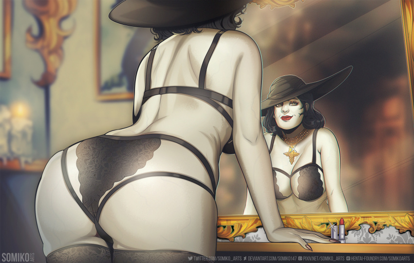 1girls alcina_dimitrescu artist_name ass bent_over big_breasts bra female female_only hat lingerie mirror mirror_reflection pale-skinned_female pale_skin panties red_lipstick resident_evil resident_evil_8:_village smile smiling solo solo_female somikoarts stockings thighhighs white_body wide-brimmed_hat wide_brim_hat