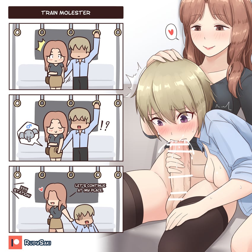 1boy 1futa 1girls 4koma assisted_fellatio balls big_penis black_stockings blowjob blush bottomless breasts brown_hair censor_bar censored censored_penis chikan clothed clothing cock_shock comic cum cum_in_mouth dialogue dirty_blonde_hair dragging dubious_consent duo erection fellatio female funny futa_on_female futadom futanari gender_transformation genderswap_(mtf) groping hand_on_another's_head head_push heart human karma light-skinned_female light-skinned_futanari light_skin molestation mtf_transformation no_panties oral original pale_skin partially_clothed penis purple_eyes role_reversal rudy_saki rule_63 sex sexual_harassment shocked short_hair slq smile startled stockings thighhighs train transformation trembling tsf_4-koma