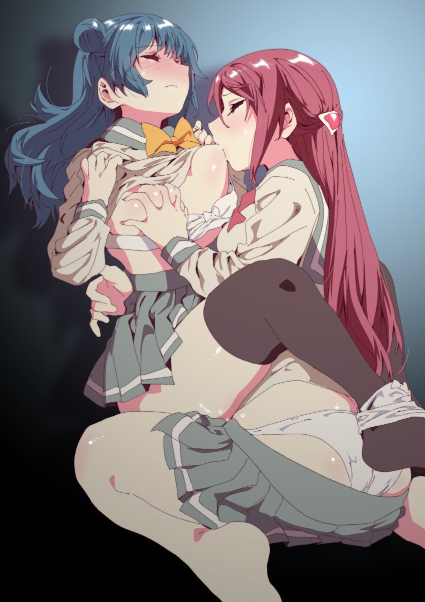 2girls absurdres ass ass_cleavage blue_hair blush bra bra_pull breast_grab breast_sucking breasts brown_legwear butt_crack closed_eyes closed_mouth clothes_pull ecoman grabbing grey_skirt hair_bun highres long_hair long_sleeves love_live! love_live!_sunshine!! medium_breasts multiple_girls panties panty_pull pussy_juice red_hair sakurauchi_riko school_uniform skirt thighhighs tsushima_yoshiko underwear uranohoshi_school_uniform white_bra white_panties yuri